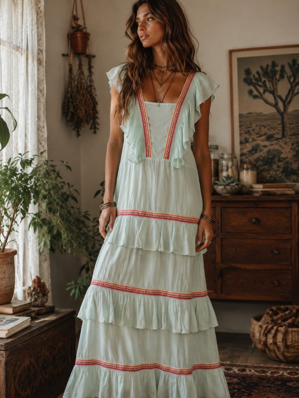 Pitusa Teal Tiered Ruffle Drill Boho Cotton Dress NEW